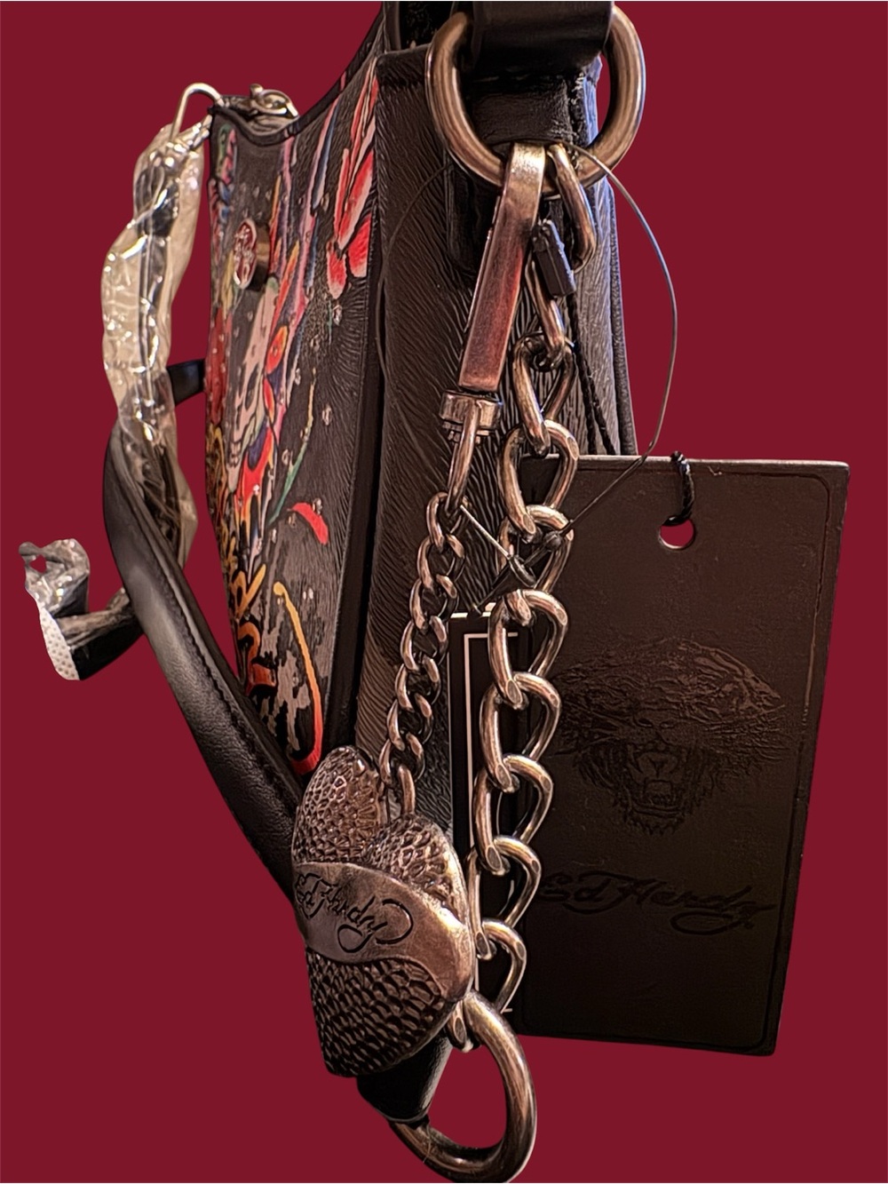 Ed Hardy Black Shoulder Bag with Multicolor Skull & Floral Graphics - Picture 8 of 16